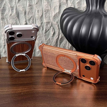 Leopard Walnut Wood Metal Frameless 360 Rotation Holder Magnetic Phone Case, For iPhone 17 Pro Max, For iPhone 17 Pro