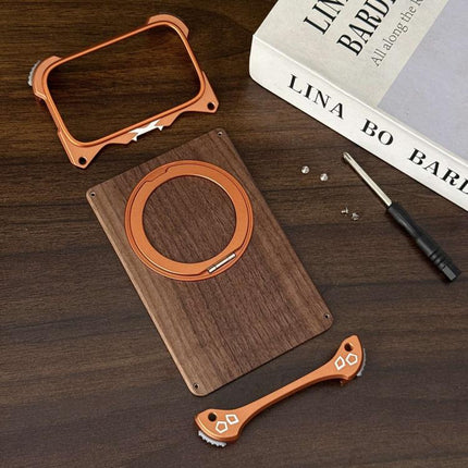 Leopard Walnut Wood Metal Frameless 360 Rotation Holder Magnetic Phone Case, For iPhone 17 Pro Max, For iPhone 17 Pro