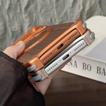 Leopard Walnut Wood Metal Frameless 360 Rotation Holder Magnetic Phone Case, For iPhone 17 Pro Max, For iPhone 17 Pro