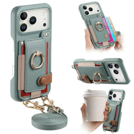 Litchi Texture Card Bag Ring Holder Vegan Leather + PC Phone Case with Shoulder Strap, For iPhone 16e / 17e, For iPhone 17 Pro Max, For iPhone 17 Pro