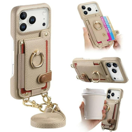 Litchi Texture Card Bag Ring Holder Vegan Leather + PC Phone Case with Shoulder Strap, For iPhone 16e / 17e, For iPhone 17 Pro Max, For iPhone 17 Pro