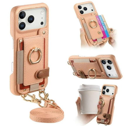Litchi Texture Card Bag Ring Holder Vegan Leather + PC Phone Case with Shoulder Strap, For iPhone 16e / 17e, For iPhone 17 Pro Max, For iPhone 17 Pro
