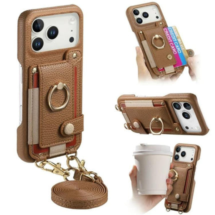 Litchi Texture Card Bag Ring Holder Vegan Leather + PC Phone Case with Shoulder Strap, For iPhone 16e / 17e, For iPhone 17 Pro Max, For iPhone 17 Pro
