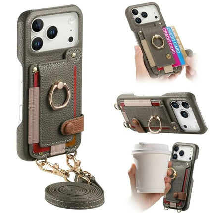 Litchi Texture Card Bag Ring Holder Vegan Leather + PC Phone Case with Shoulder Strap, For iPhone 16e / 17e, For iPhone 17 Pro Max, For iPhone 17 Pro