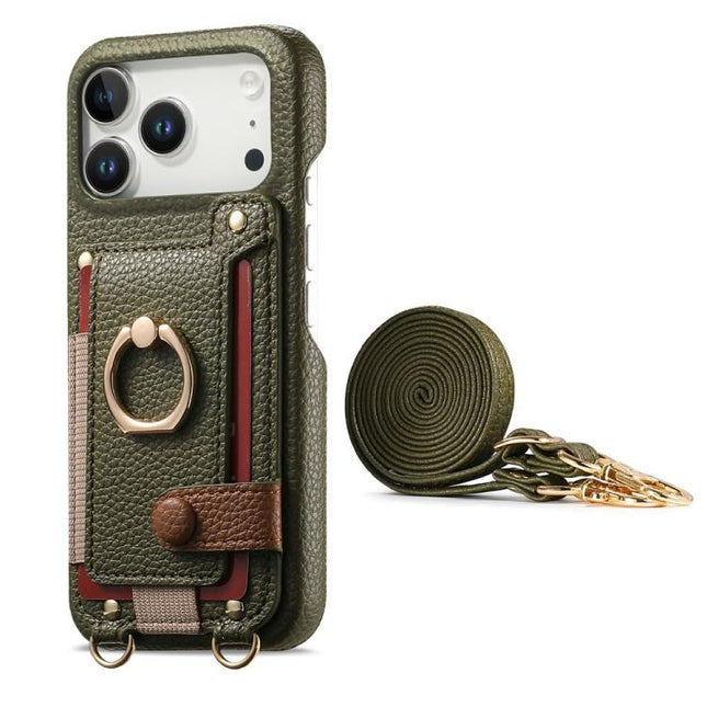 Litchi Texture Card Bag Ring Holder Vegan Leather + PC Phone Case with Shoulder Strap, For iPhone 16e / 17e, For iPhone 17 Pro Max, For iPhone 17 Pro