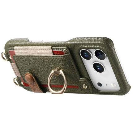 Litchi Texture Card Bag Ring Holder Vegan Leather + PC Phone Case with Shoulder Strap, For iPhone 16e / 17e, For iPhone 17 Pro Max, For iPhone 17 Pro