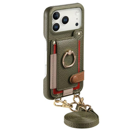 Litchi Texture Card Bag Ring Holder Vegan Leather + PC Phone Case with Shoulder Strap, For iPhone 16e / 17e, For iPhone 17 Pro Max, For iPhone 17 Pro