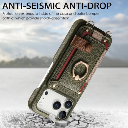 Litchi Texture Card Bag Ring Holder Vegan Leather + PC Phone Case with Shoulder Strap, For iPhone 16e / 17e, For iPhone 17 Pro Max, For iPhone 17 Pro