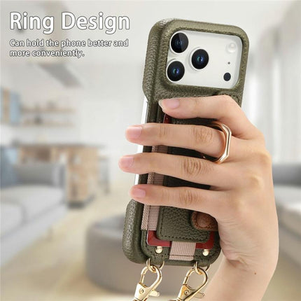 Litchi Texture Card Bag Ring Holder Vegan Leather + PC Phone Case with Shoulder Strap, For iPhone 16e / 17e, For iPhone 17 Pro Max, For iPhone 17 Pro