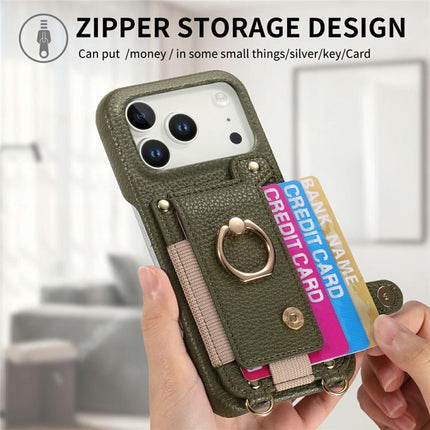 Litchi Texture Card Bag Ring Holder Vegan Leather + PC Phone Case with Shoulder Strap, For iPhone 16e / 17e, For iPhone 17 Pro Max, For iPhone 17 Pro