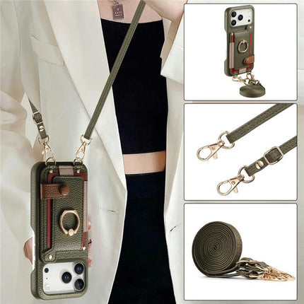 Litchi Texture Card Bag Ring Holder Vegan Leather + PC Phone Case with Shoulder Strap, For iPhone 16e / 17e, For iPhone 17 Pro Max, For iPhone 17 Pro