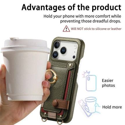 Litchi Texture Card Bag Ring Holder Vegan Leather + PC Phone Case with Shoulder Strap, For iPhone 16e / 17e, For iPhone 17 Pro Max, For iPhone 17 Pro