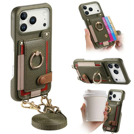 Litchi Texture Card Bag Ring Holder Vegan Leather + PC Phone Case with Shoulder Strap, For iPhone 16e / 17e, For iPhone 17 Pro Max, For iPhone 17 Pro