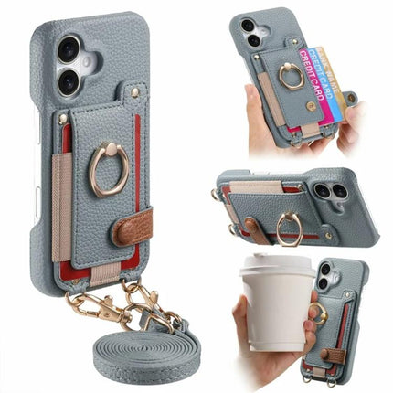 Litchi Texture Card Bag Ring Holder Vegan Leather + PC Phone Case with Shoulder Strap, For iPhone 17, For iPhone Air, For iPhone 16 Pro Max