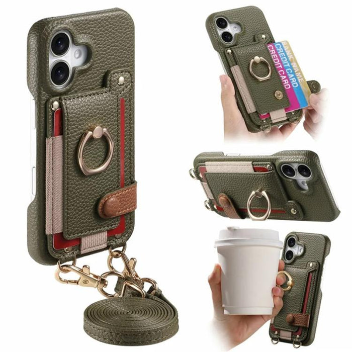 Litchi Texture Card Bag Ring Holder Vegan Leather + PC Phone Case with Shoulder Strap, For iPhone 17, For iPhone Air, For iPhone 16 Pro Max