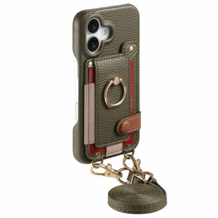 Litchi Texture Card Bag Ring Holder Vegan Leather + PC Phone Case with Shoulder Strap, For iPhone 17, For iPhone Air, For iPhone 16 Pro Max
