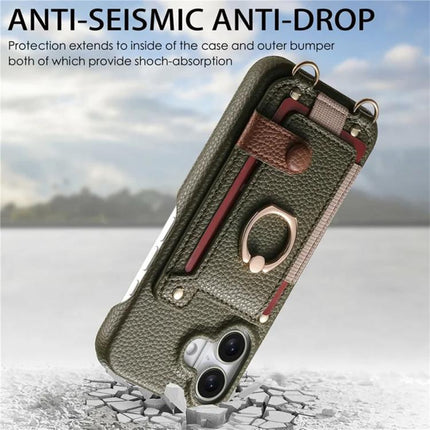 Litchi Texture Card Bag Ring Holder Vegan Leather + PC Phone Case with Shoulder Strap, For iPhone 17, For iPhone Air, For iPhone 16 Pro Max