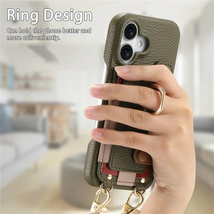 Litchi Texture Card Bag Ring Holder Vegan Leather + PC Phone Case with Shoulder Strap, For iPhone 17, For iPhone Air, For iPhone 16 Pro Max
