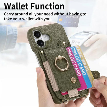 Litchi Texture Card Bag Ring Holder Vegan Leather + PC Phone Case with Shoulder Strap, For iPhone 17, For iPhone Air, For iPhone 16 Pro Max