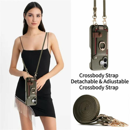 Litchi Texture Card Bag Ring Holder Vegan Leather + PC Phone Case with Shoulder Strap, For iPhone 17, For iPhone Air, For iPhone 16 Pro Max