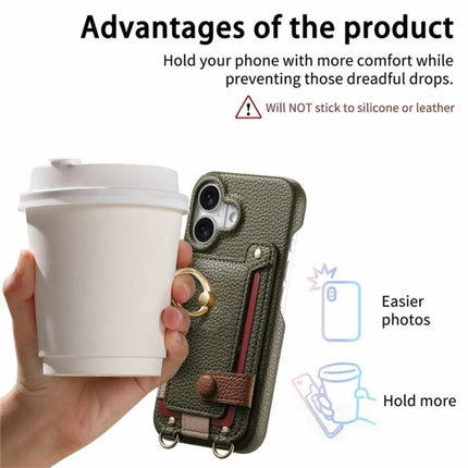 Litchi Texture Card Bag Ring Holder Vegan Leather + PC Phone Case with Shoulder Strap, For iPhone 17, For iPhone Air, For iPhone 16 Pro Max
