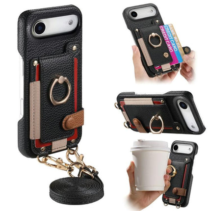 Litchi Texture Card Bag Ring Holder Vegan Leather + PC Phone Case with Shoulder Strap, For iPhone 17, For iPhone Air, For iPhone 16 Pro Max