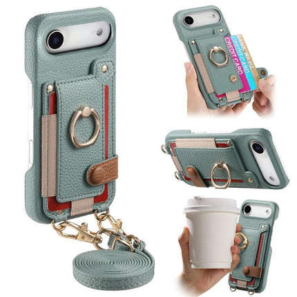 Litchi Texture Card Bag Ring Holder Vegan Leather + PC Phone Case with Shoulder Strap, For iPhone 17, For iPhone Air, For iPhone 16 Pro Max