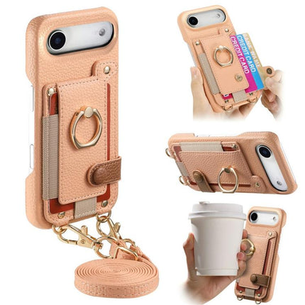 Litchi Texture Card Bag Ring Holder Vegan Leather + PC Phone Case with Shoulder Strap, For iPhone 17, For iPhone Air, For iPhone 16 Pro Max