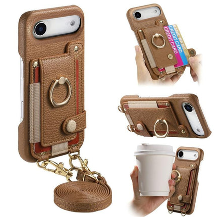 Litchi Texture Card Bag Ring Holder Vegan Leather + PC Phone Case with Shoulder Strap, For iPhone 17, For iPhone Air, For iPhone 16 Pro Max