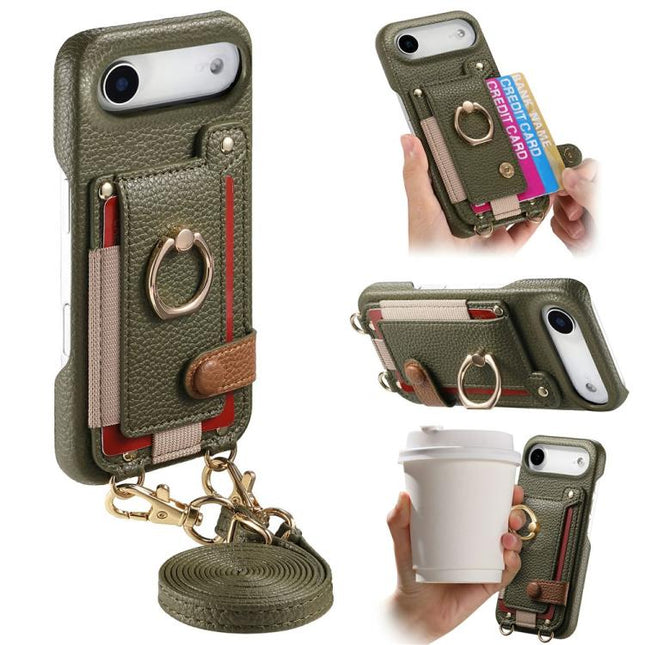 Litchi Texture Card Bag Ring Holder Vegan Leather + PC Phone Case with Shoulder Strap, For iPhone 17, For iPhone Air, For iPhone 16 Pro Max