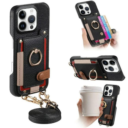 Litchi Texture Card Bag Ring Holder Vegan Leather + PC Phone Case with Shoulder Strap, For iPhone 16 Pro, For iPhone 16 Plus, For iPhone 16