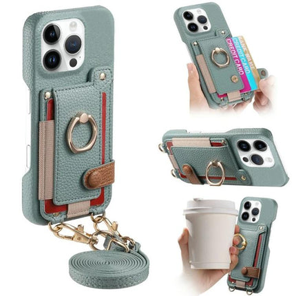 Litchi Texture Card Bag Ring Holder Vegan Leather + PC Phone Case with Shoulder Strap, For iPhone 16 Pro, For iPhone 16 Plus, For iPhone 16