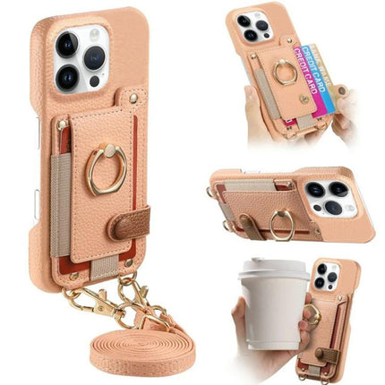 Litchi Texture Card Bag Ring Holder Vegan Leather + PC Phone Case with Shoulder Strap, For iPhone 16 Pro, For iPhone 16 Plus, For iPhone 16