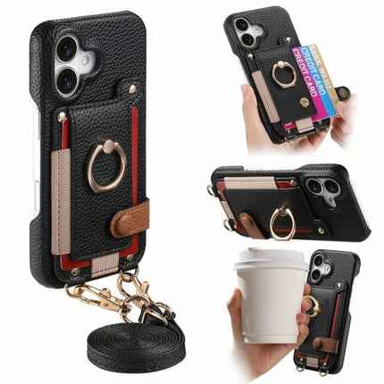 Litchi Texture Card Bag Ring Holder Vegan Leather + PC Phone Case with Shoulder Strap, For iPhone 16 Pro, For iPhone 16 Plus, For iPhone 16