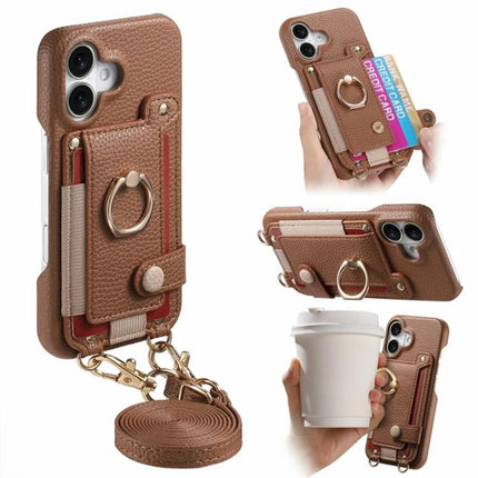 Litchi Texture Card Bag Ring Holder Vegan Leather + PC Phone Case with Shoulder Strap, For iPhone 16 Pro, For iPhone 16 Plus, For iPhone 16