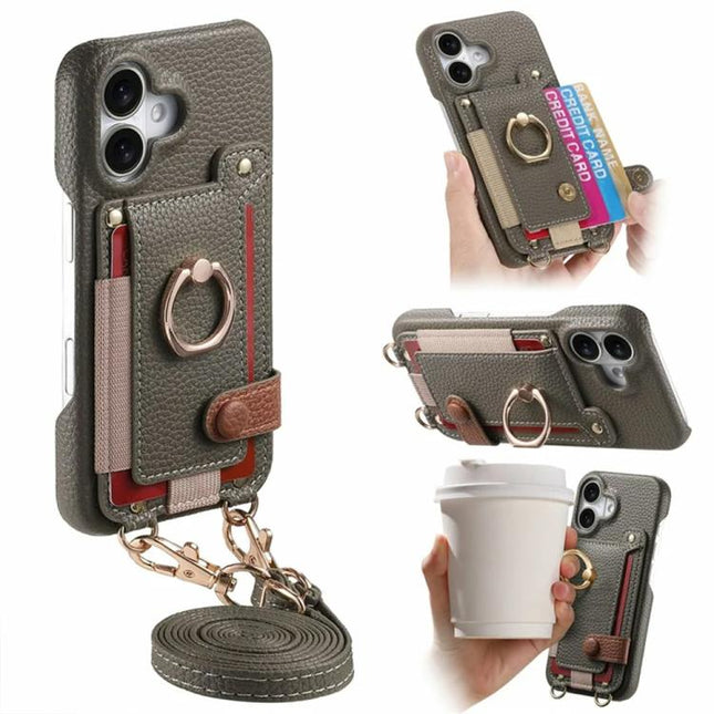 Litchi Texture Card Bag Ring Holder Vegan Leather + PC Phone Case with Shoulder Strap, For iPhone 16 Pro, For iPhone 16 Plus, For iPhone 16