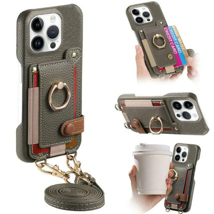 Litchi Texture Card Bag Ring Holder Vegan Leather + PC Phone Case with Shoulder Strap, For iPhone 15 Pro Max, For iPhone 15 Pro, For iPhone 15 Plus