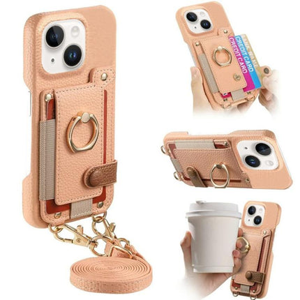 Litchi Texture Card Bag Ring Holder Vegan Leather + PC Phone Case with Shoulder Strap, For iPhone 15 Pro Max, For iPhone 15 Pro, For iPhone 15 Plus