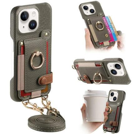 Litchi Texture Card Bag Ring Holder Vegan Leather + PC Phone Case with Shoulder Strap, For iPhone 15 Pro Max, For iPhone 15 Pro, For iPhone 15 Plus