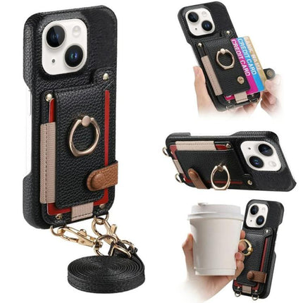 Litchi Texture Card Bag Ring Holder Vegan Leather + PC Phone Case with Shoulder Strap, For iPhone 15, For iPhone 14 Plus, For iPhone 14