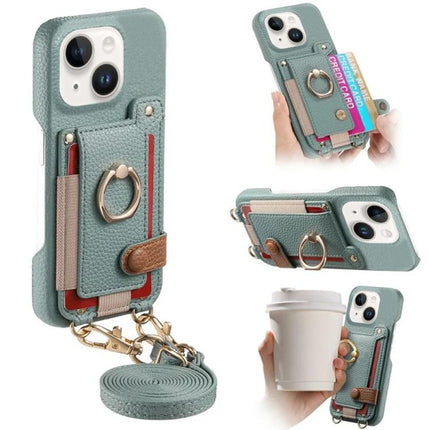 Litchi Texture Card Bag Ring Holder Vegan Leather + PC Phone Case with Shoulder Strap, For iPhone 15, For iPhone 14 Plus, For iPhone 14