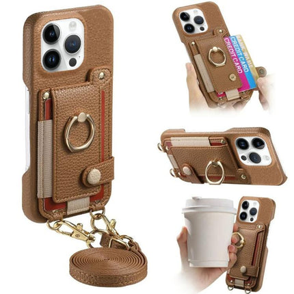 Litchi Texture Card Bag Ring Holder Vegan Leather + PC Phone Case with Shoulder Strap, For iPhone 14 Pro, For iPhone 14 Pro Max, For iPhone 6 / 7 / 8