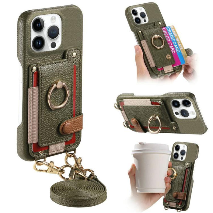 Litchi Texture Card Bag Ring Holder Vegan Leather + PC Phone Case with Shoulder Strap, For iPhone 13 Pro Max, For iPhone 13 Pro, For iPhone 13