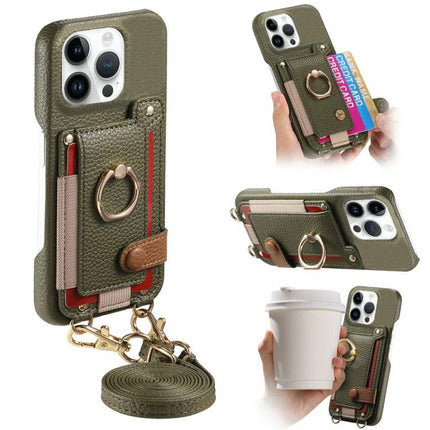 Litchi Texture Card Bag Ring Holder Vegan Leather + PC Phone Case with Shoulder Strap, For iPhone 13 Pro Max, For iPhone 13 Pro, For iPhone 13