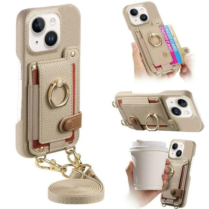 Litchi Texture Card Bag Ring Holder Vegan Leather + PC Phone Case with Shoulder Strap, For iPhone 13 Pro Max, For iPhone 13 Pro, For iPhone 13