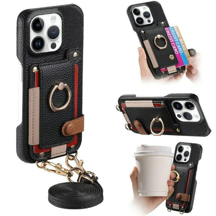 Litchi Texture Card Bag Ring Holder Vegan Leather + PC Phone Case with Shoulder Strap, For iPhone 13 mini, For iPhone 12, For iPhone 12 Pro Max