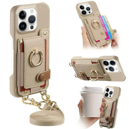 Litchi Texture Card Bag Ring Holder Vegan Leather + PC Phone Case with Shoulder Strap, For iPhone 13 mini, For iPhone 12, For iPhone 12 Pro Max