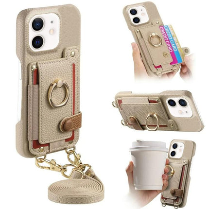 Litchi Texture Card Bag Ring Holder Vegan Leather + PC Phone Case with Shoulder Strap, For iPhone 11, For iPhone 11 Pro, For iPhone X / XS