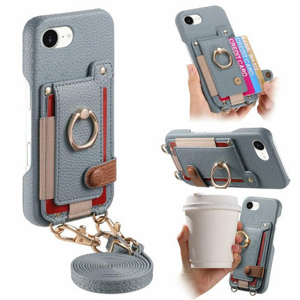 Litchi Texture Card Bag Ring Holder Vegan Leather + PC Phone Case with Shoulder Strap, For iPhone 14 Pro, For iPhone 14 Pro Max, For iPhone 6 / 7 / 8