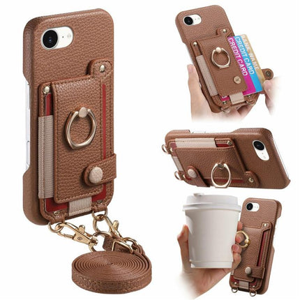 Litchi Texture Card Bag Ring Holder Vegan Leather + PC Phone Case with Shoulder Strap, For iPhone 14 Pro, For iPhone 14 Pro Max, For iPhone 6 / 7 / 8
